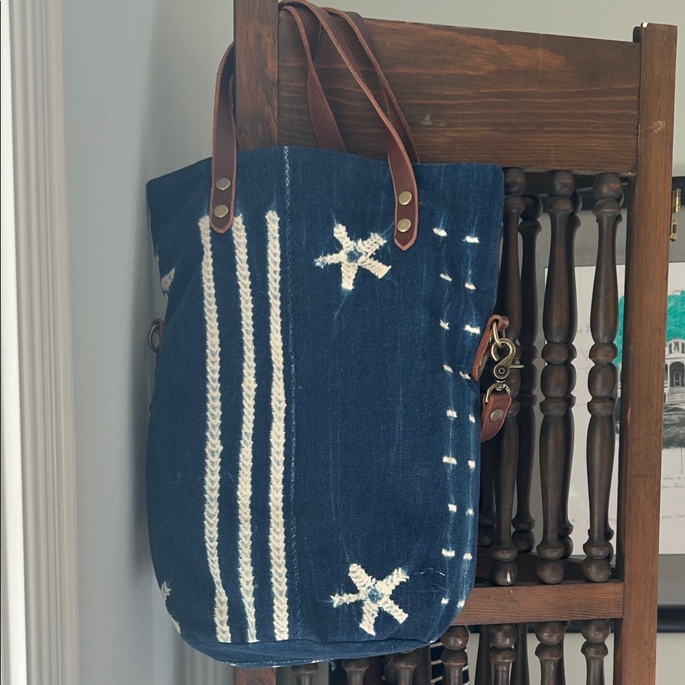 West African Mud Cloth Mali Barrel Bucket Bag Genuine Leather Hand Crafted - Picture 4 of 16